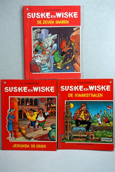 Suske en Wiske nr. 72 Jeromba de Griek + nr. 79a. De zeven snaren + nr. 99 De kwakstralen -sc- 1e druk, 1968/1969