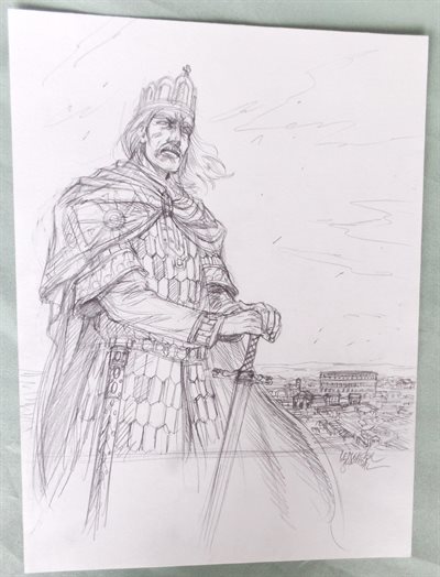 Gwendal Lemercier - originele tekening op los blad - oa Durandal, Karel De Grote, Elfen