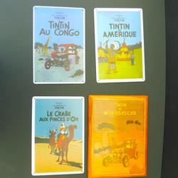 Kuifje, 3 metalen + 1 houten plaat met afbeelding van Kuifje/Tintin covers
