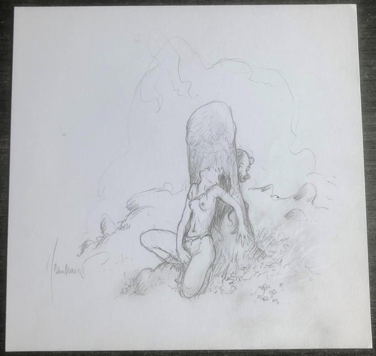 Meisje met Beer - Originele potloodtekening - J. Bosschaert.