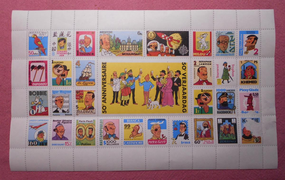 Kuifje / Tintin - 50e anniversaire / 50e verjaardag - een vel fake-postzegels - Hergé - (1988)