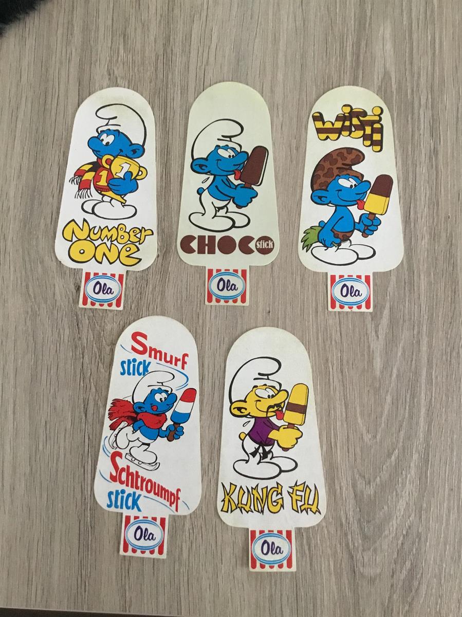 5 stickers De Smurfen - Ola 1976 - volledige reeks