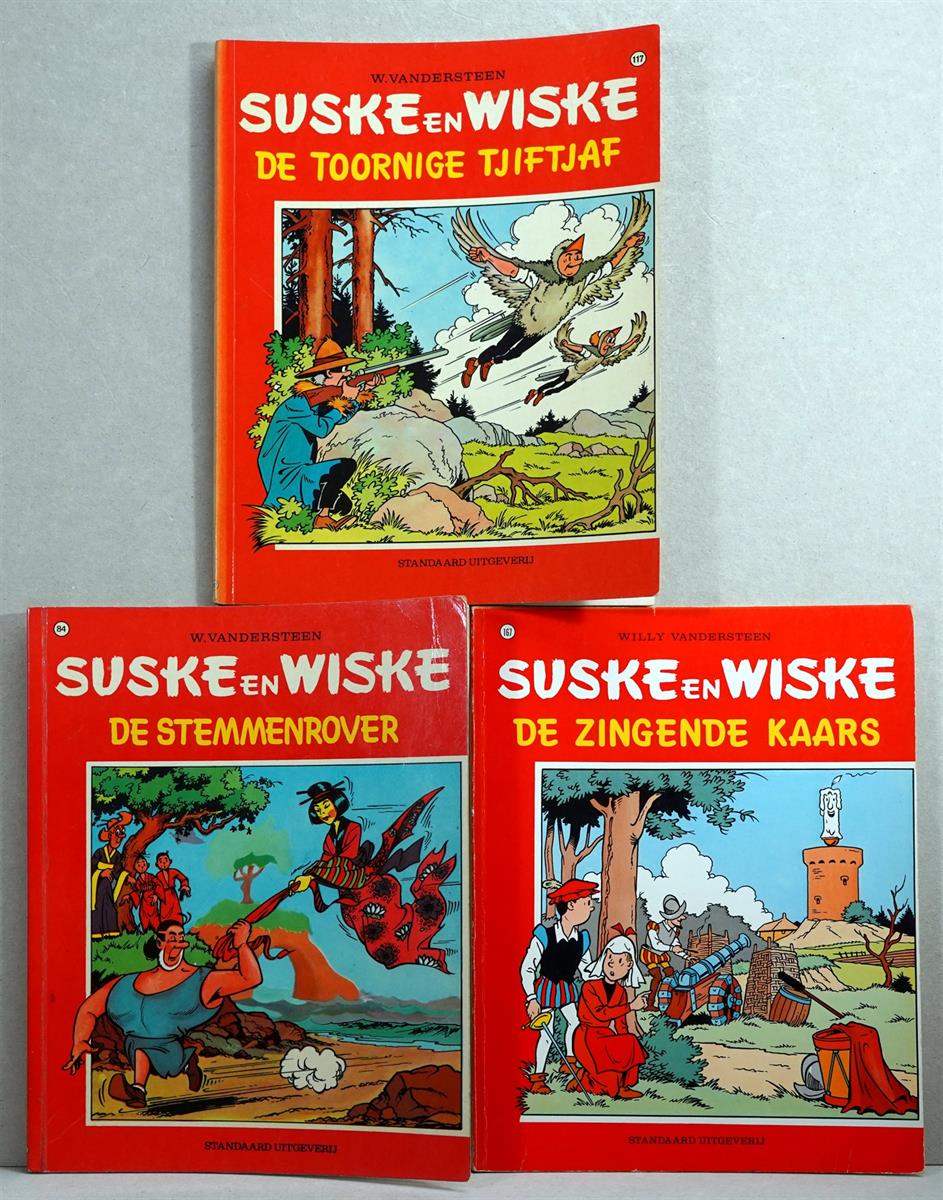 Suske en Wiske. nr. 84a. De stemmenrover + nr. 117. De toornige Tjiftjaf + nr. 167. De zingende Kaars -sc- 1e druk/herdruk, 1968/1978