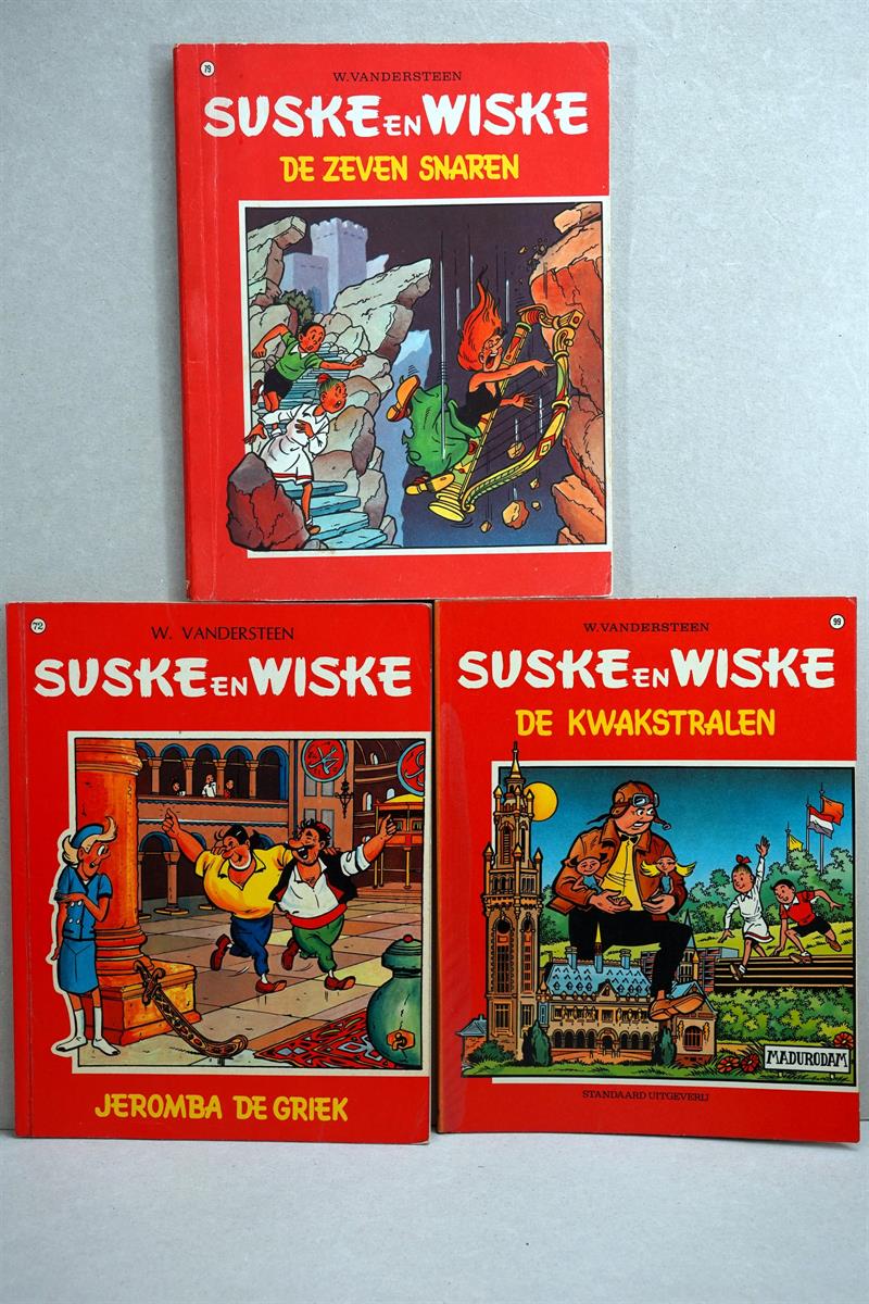 Suske en Wiske nr. 72 Jeromba de Griek + nr. 79a. De zeven snaren + nr. 99 De kwakstralen -sc- 1e druk, 1968/1969