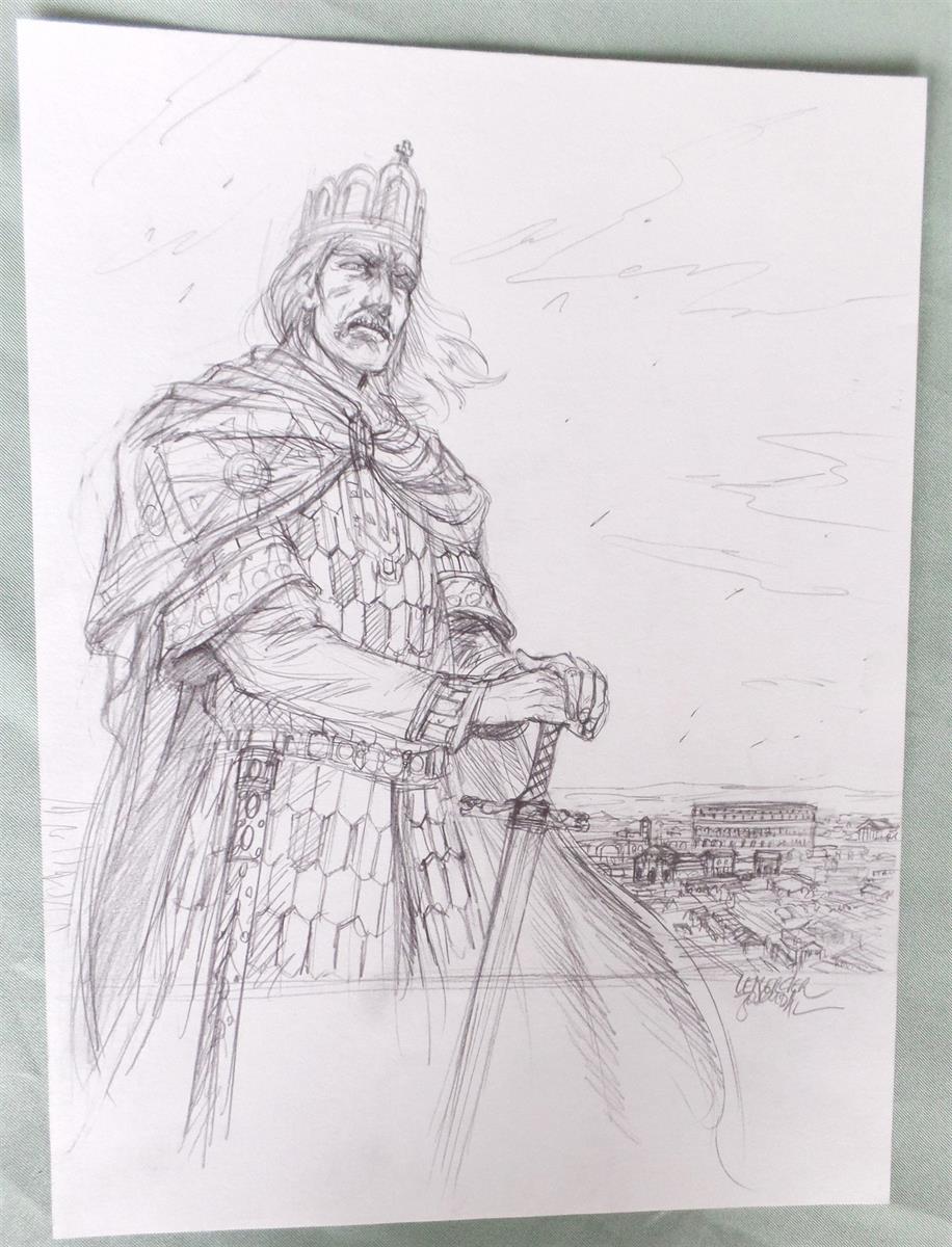 Gwendal Lemercier - originele tekening op los blad - oa Durandal, Karel De Grote, Elfen