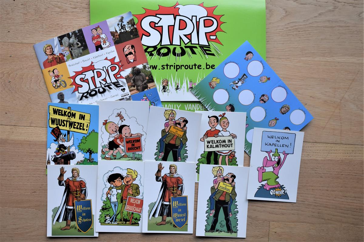 Unieke set Striproute, postkaarten, map, brochure en stempelkaart, broodtas