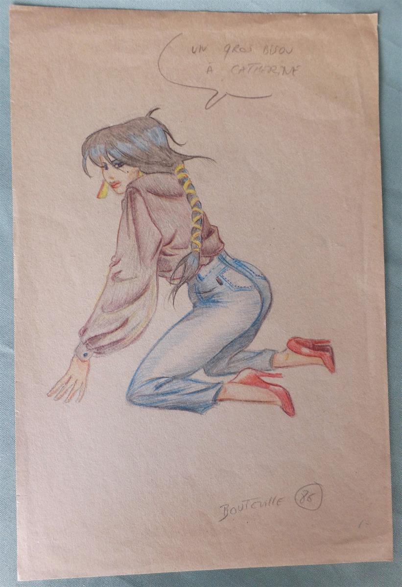 Bruno Bouteville - originele tekening op los blad - oa Jaap De Boer, Betty Page, Rooie Oortjes