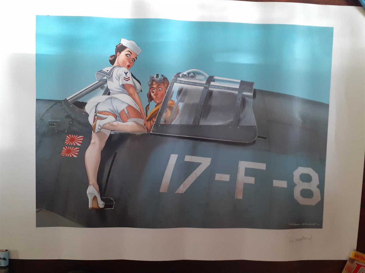 Pin-up - Romain Hugault - Zeefdruk - F8 Bearcat - 70 x 50 cm